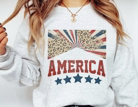 America With Leopard Print Crew Sweatshirt