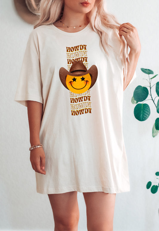 Howdy Smiley Face With Cowboy Hat & Star Eyes T-Shirt or Crew Sweatshirt