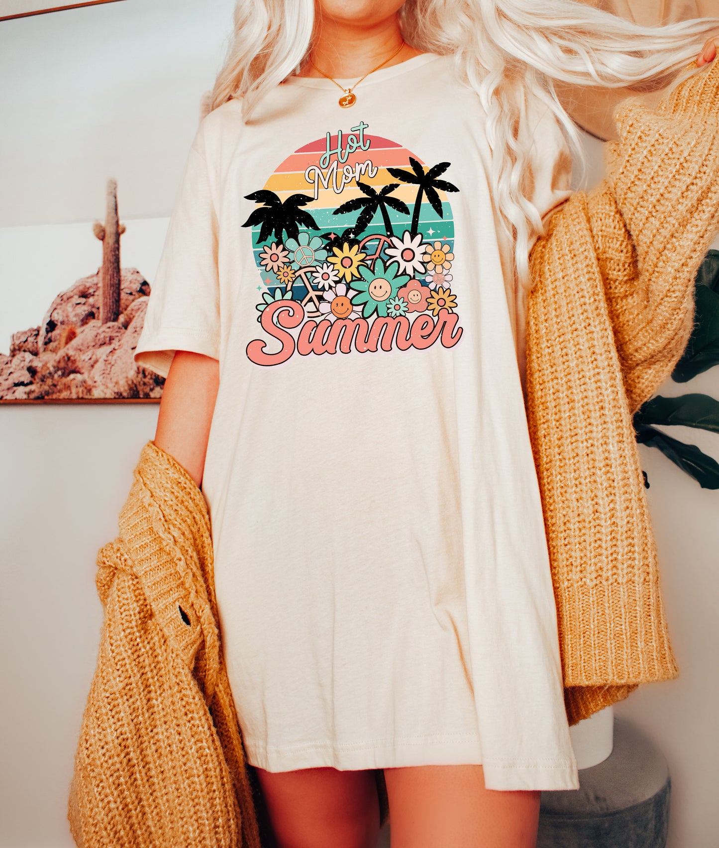 Hot Mom Summer With Palms & Flowers T-Shirt or Crew Sweatshirt