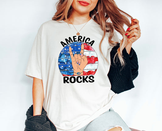 America Rocks With Rock On Hand Sign T-Shirt or Crew Sweatshirt