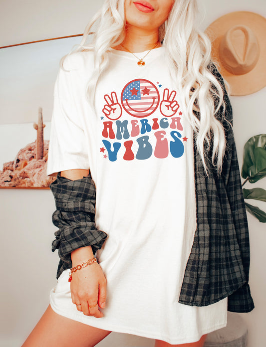 America Vibes Smiley Face & Peace Signs T-Shirt or Crew Sweatshirt