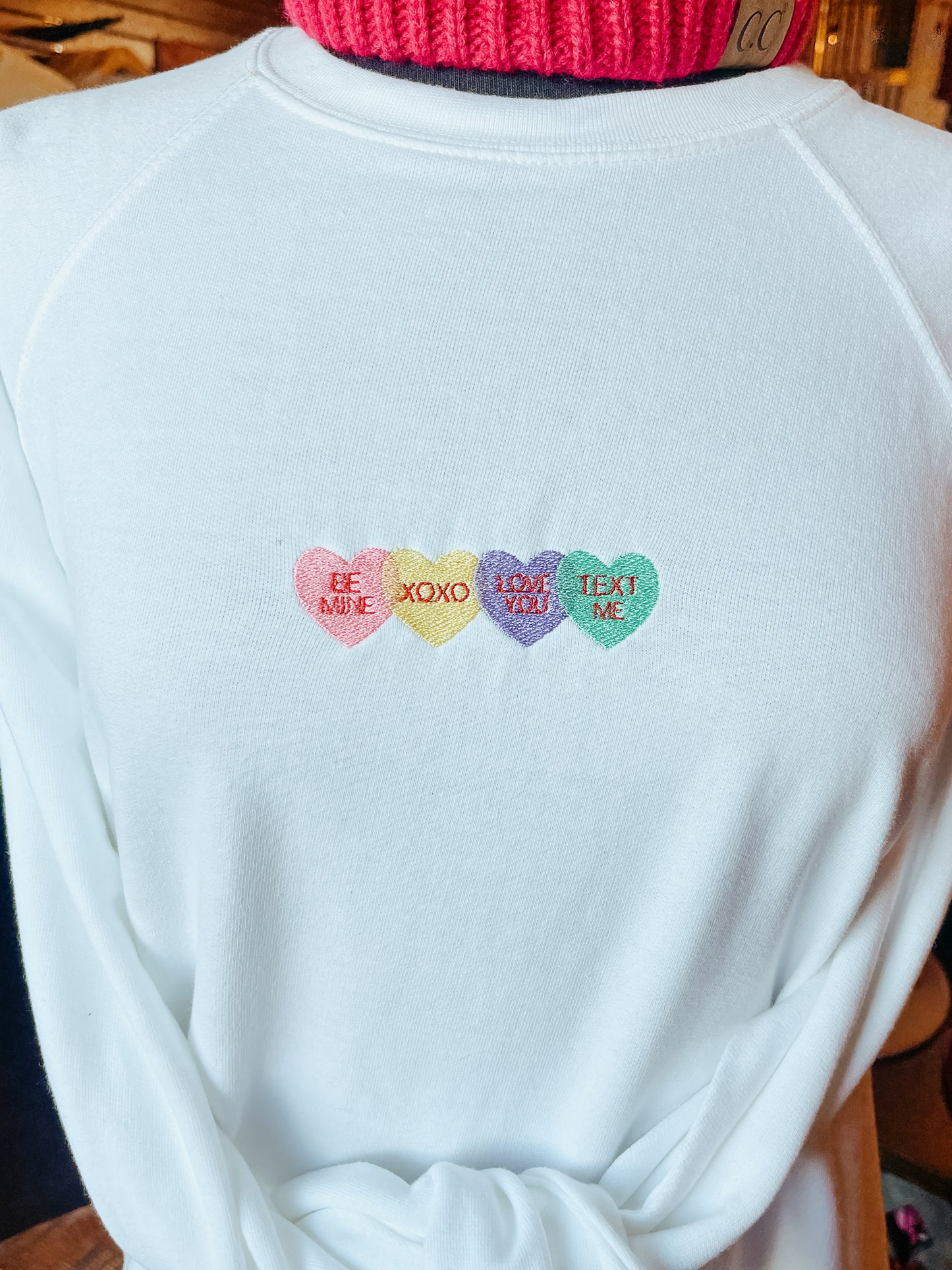 Conversation Heart Embroidered Crew Sweatshirt