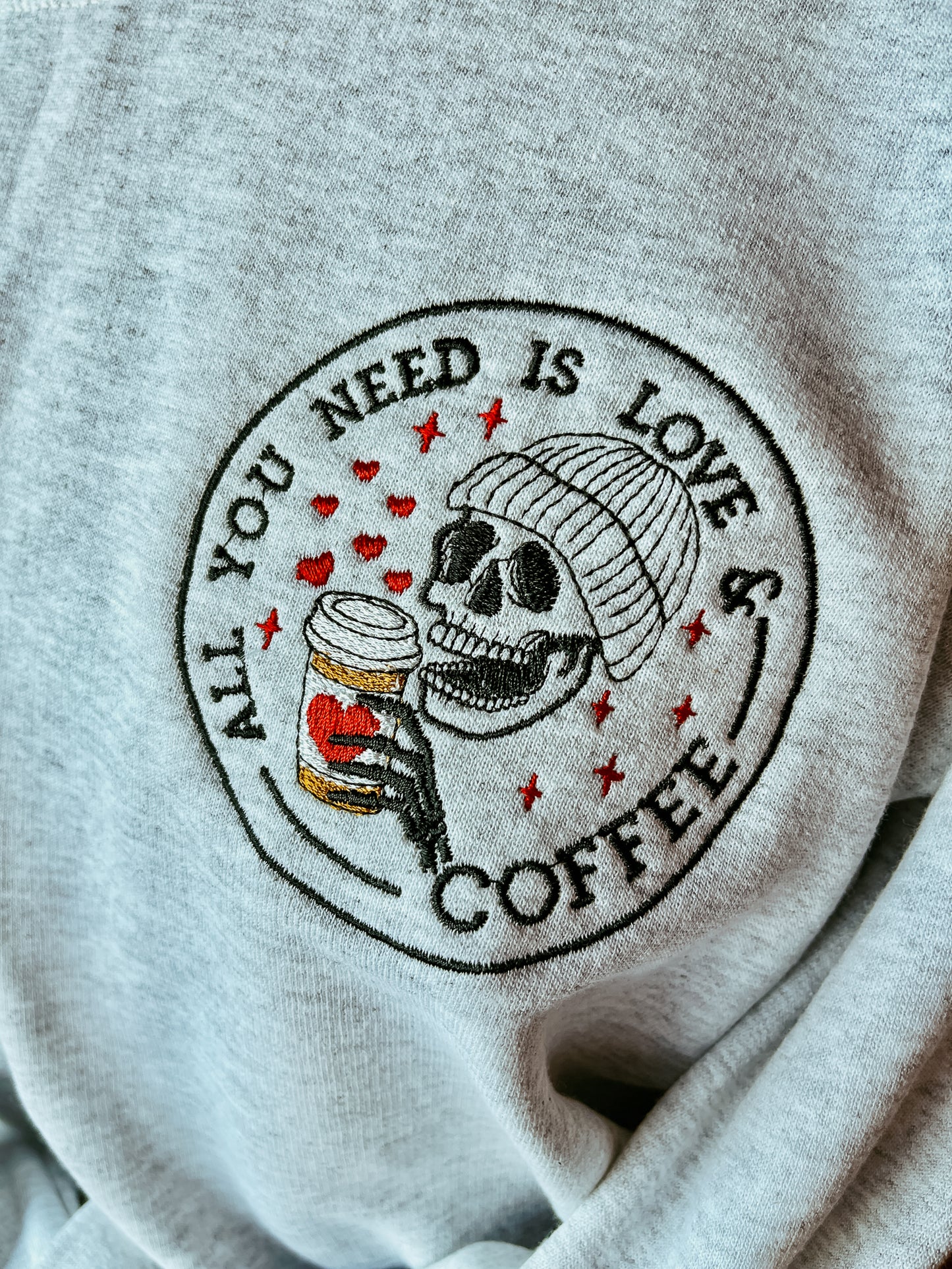 All You Need Is Love & Coffee Embroidered Pocket Logo Crew Sweatshirt