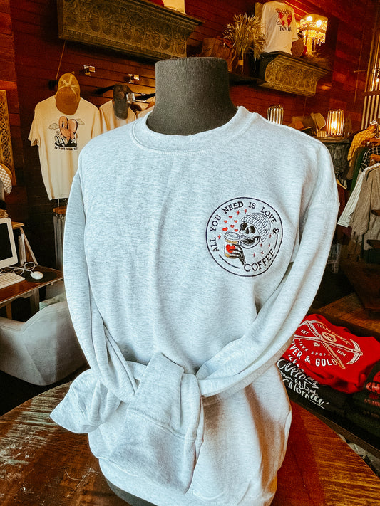 All You Need Is Love & Coffee Embroidered Pocket Logo Crew Sweatshirt