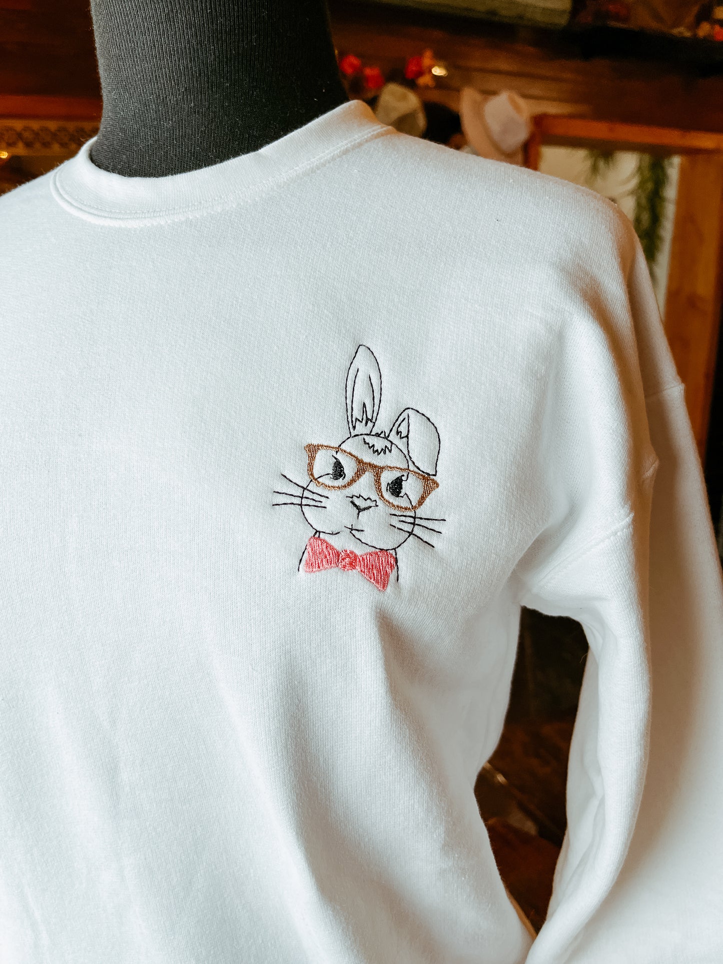 Easter Bunny Wearing Bowtie & Glasses Embroidered Pocket Logo Crew Sweatshirt