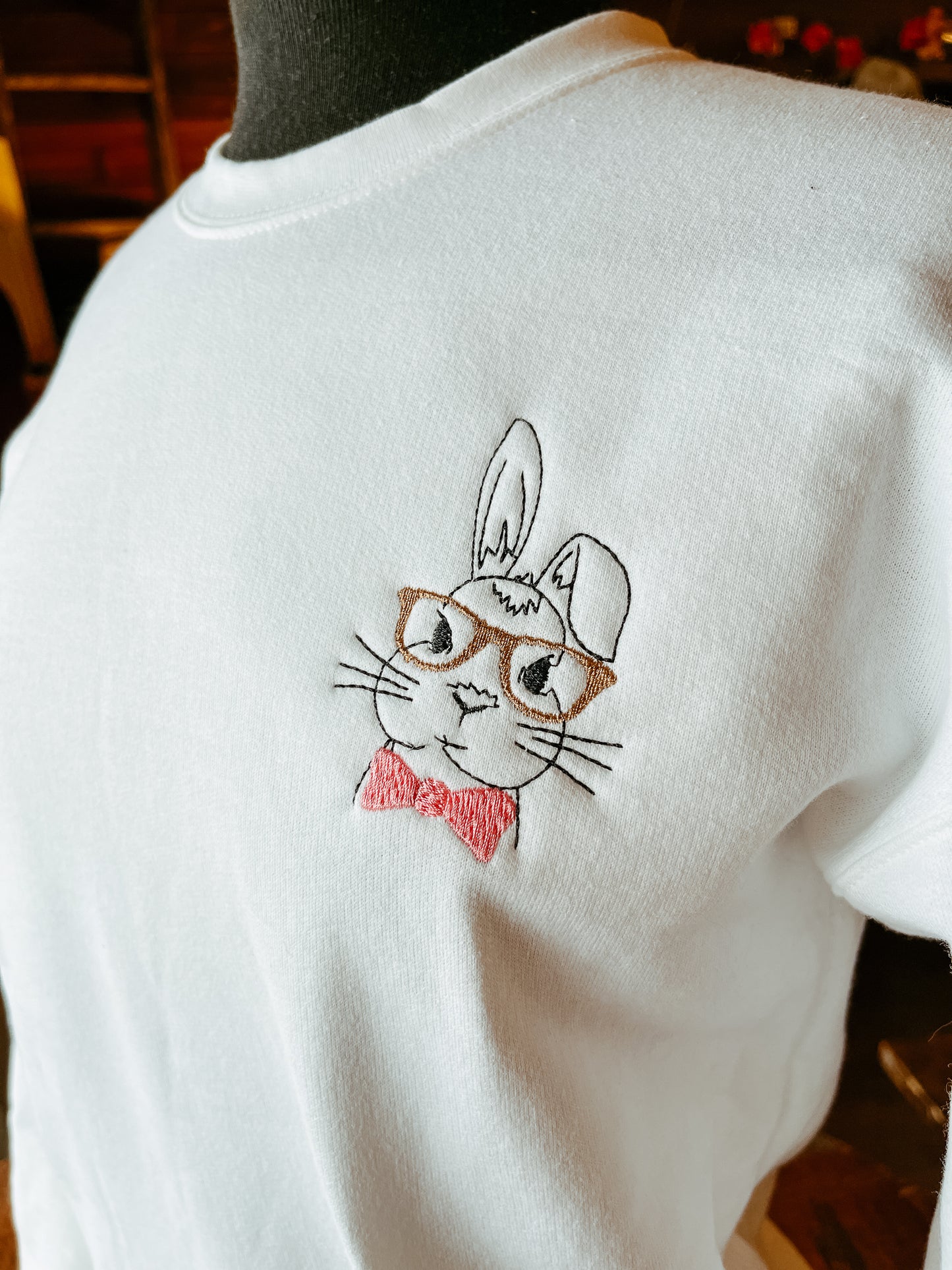 Easter Bunny Wearing Bowtie & Glasses Embroidered Pocket Logo Crew Sweatshirt