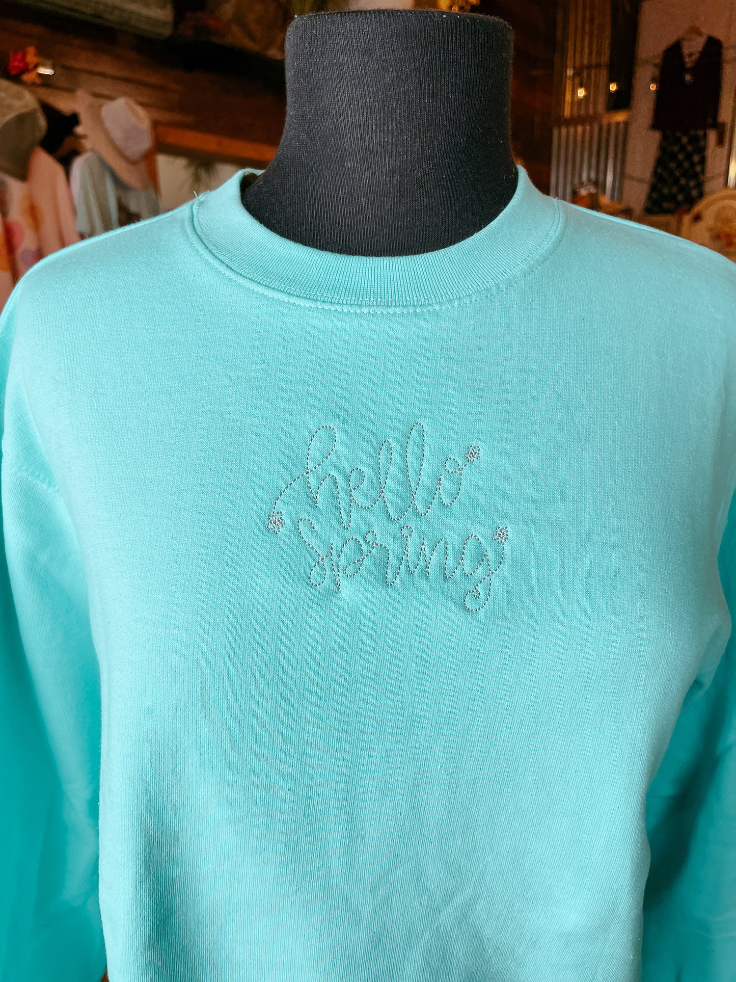 Hello Spring Floral Embroidered Crew Sweatshirt