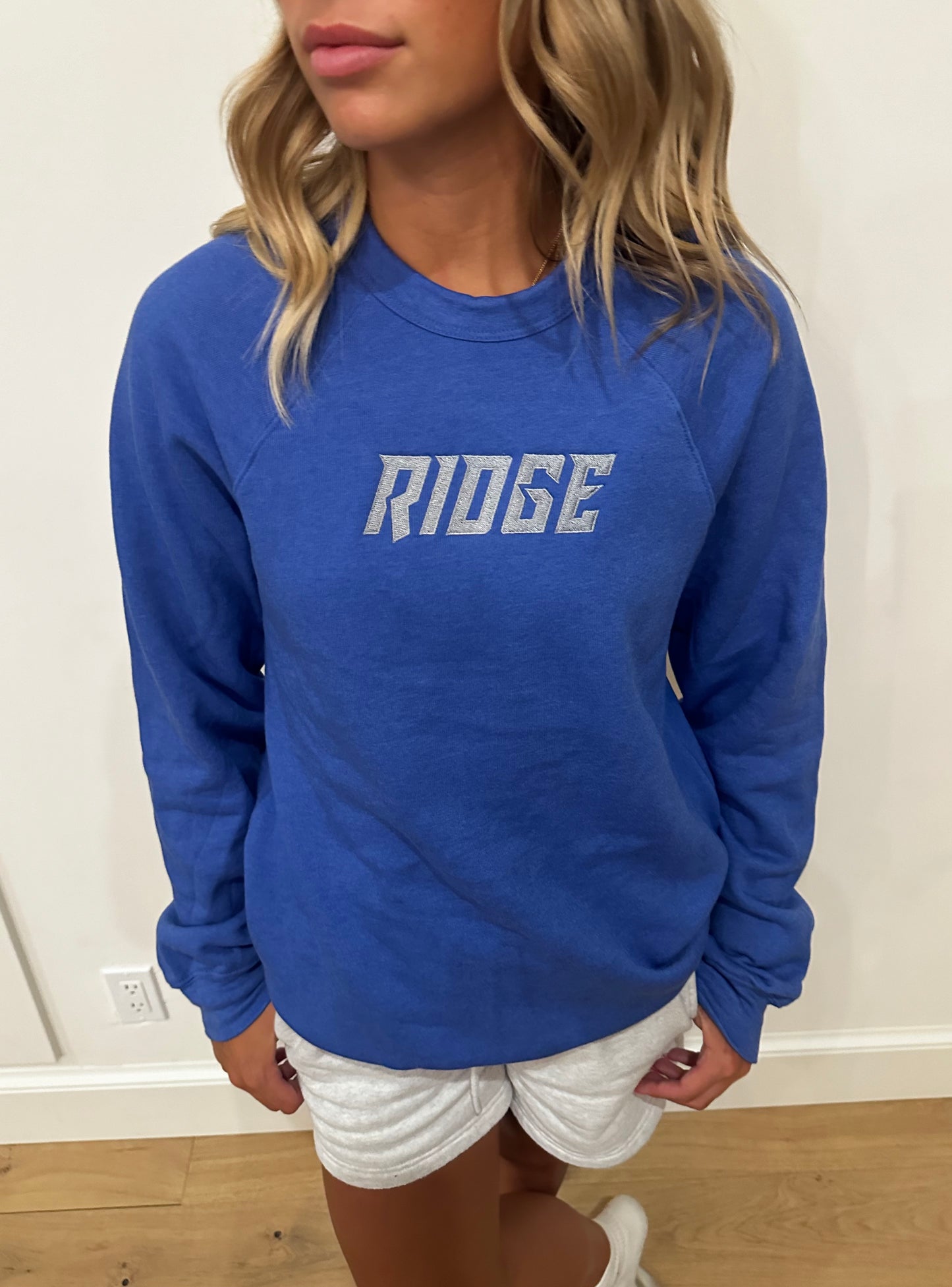 Bella Raglan Crew Sweatshirt, Heather Royal with Silver Embroidered Ridge