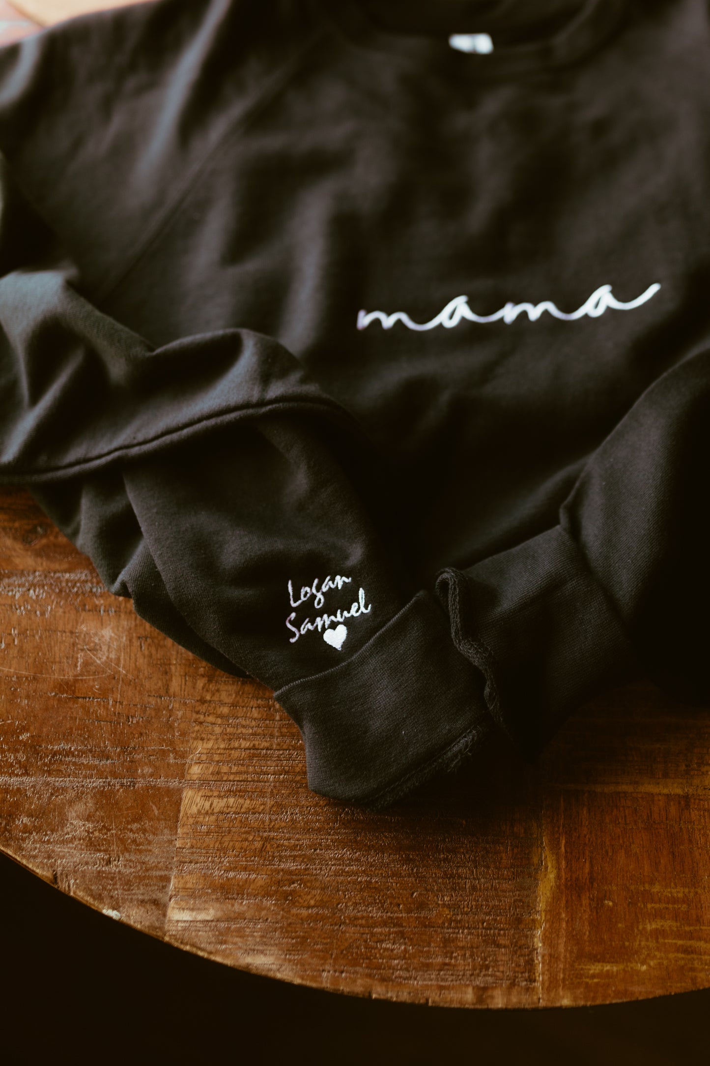 Custom Mama Embroidered Crewneck Sweatshirt or Hoodie with Name Sleeve Detail
