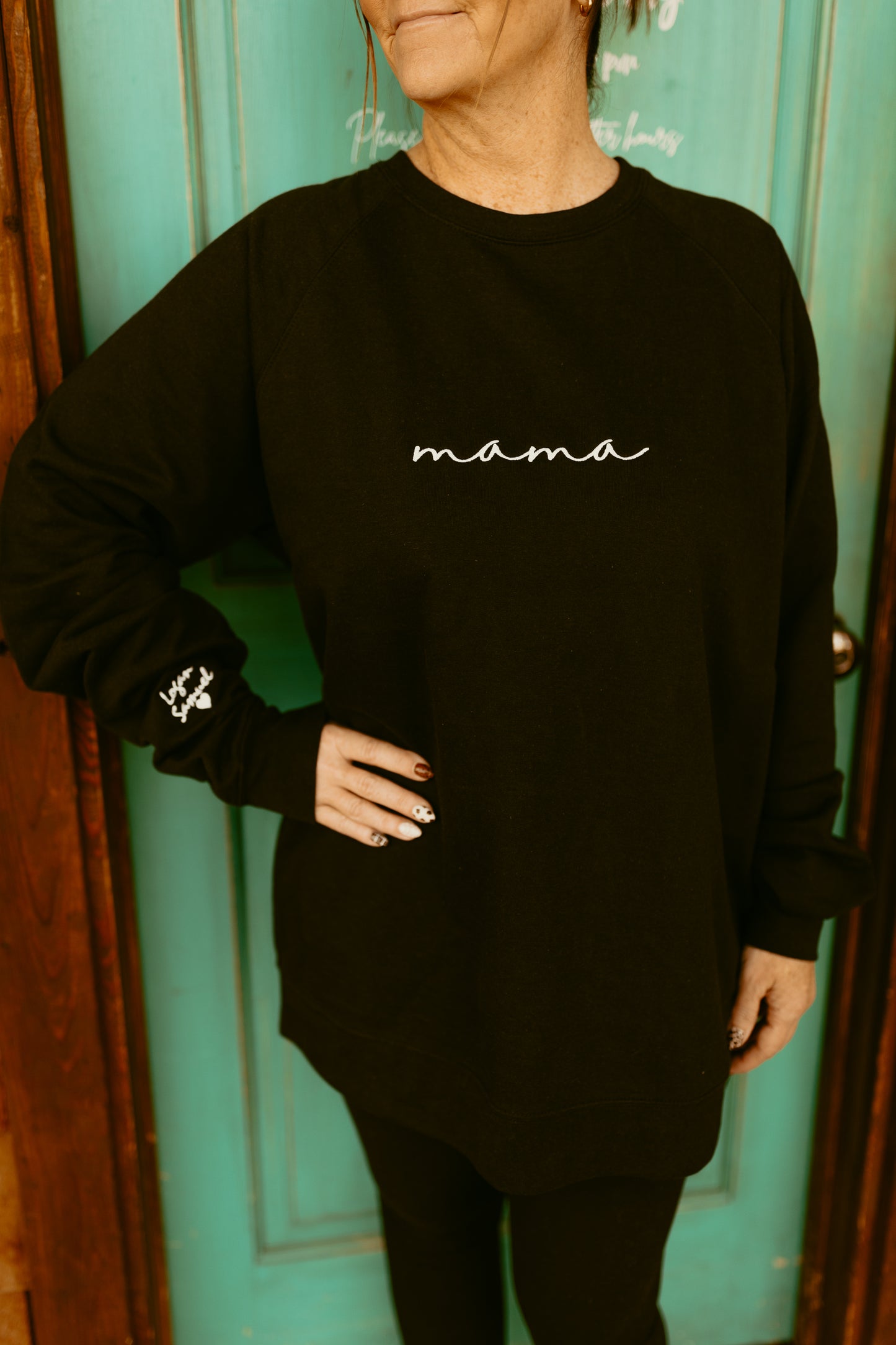 Custom Mama Embroidered Crewneck Sweatshirt or Hoodie with Name Sleeve Detail