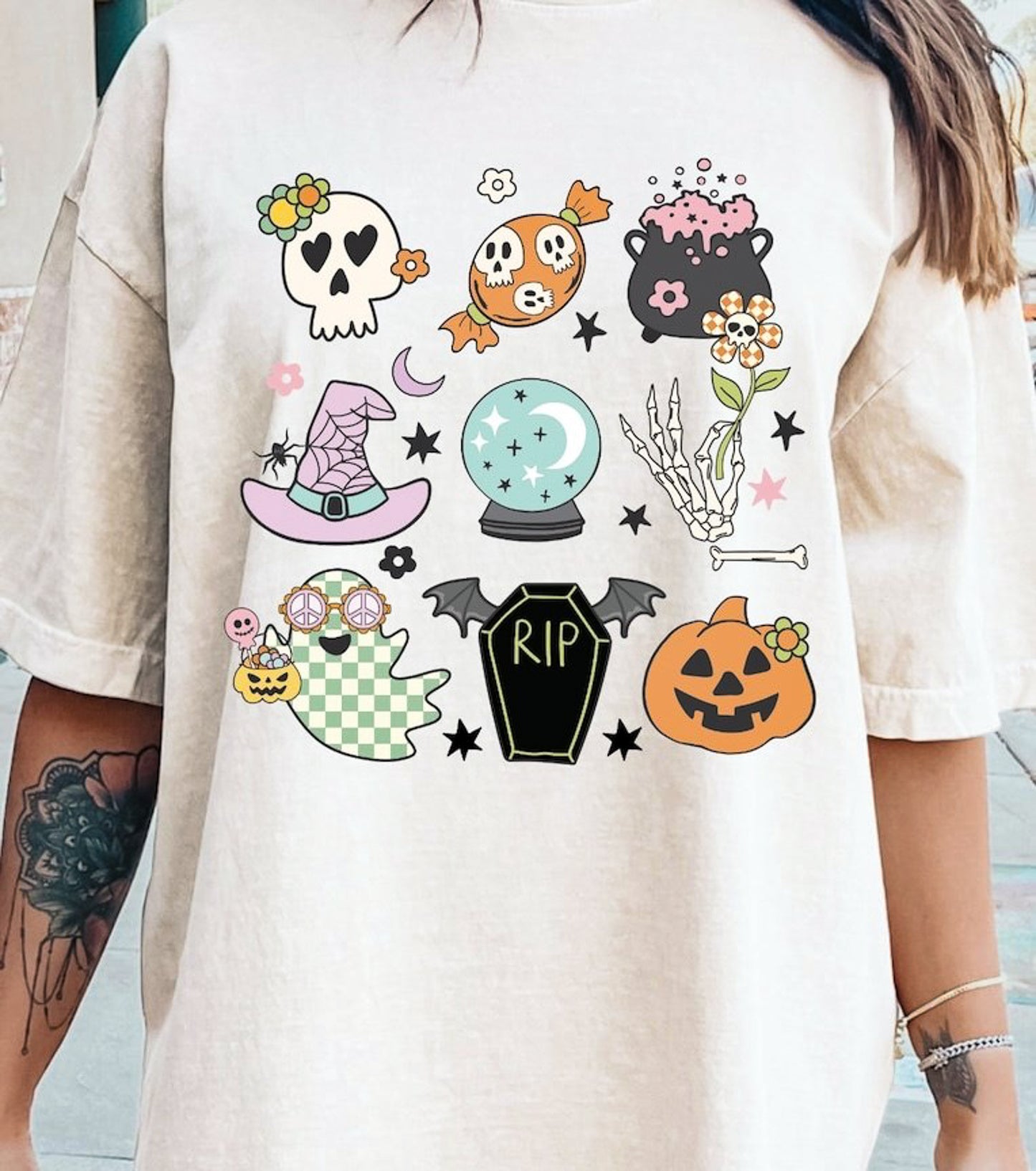 Skeleton Candy Cauldron Witch Hat Glass Ball Skeleton Hand Ghost RIP & Pumpkin Tee