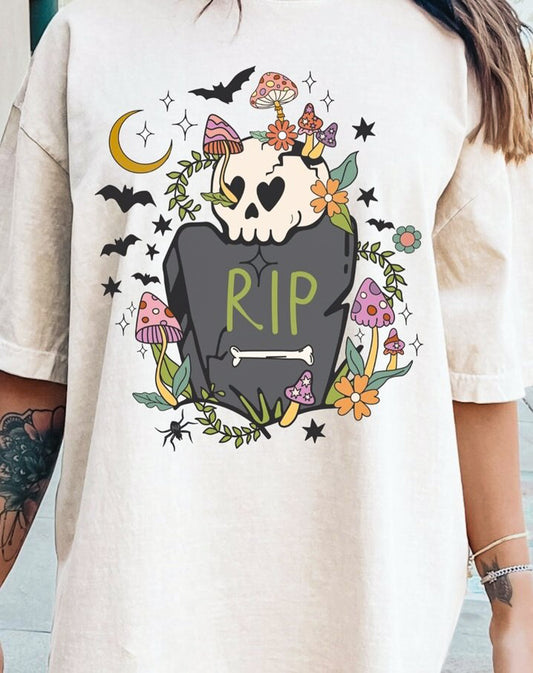 RIP Headstone Skeleton Head & Mushrooms Tee