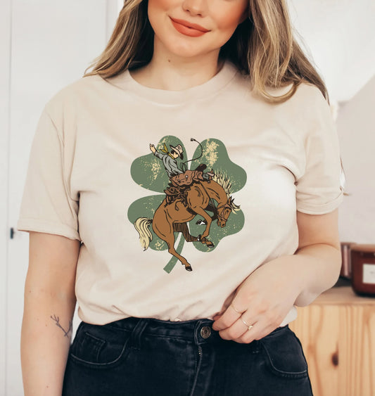 Cowboy Riding A Horse With Distressed Clover Tee