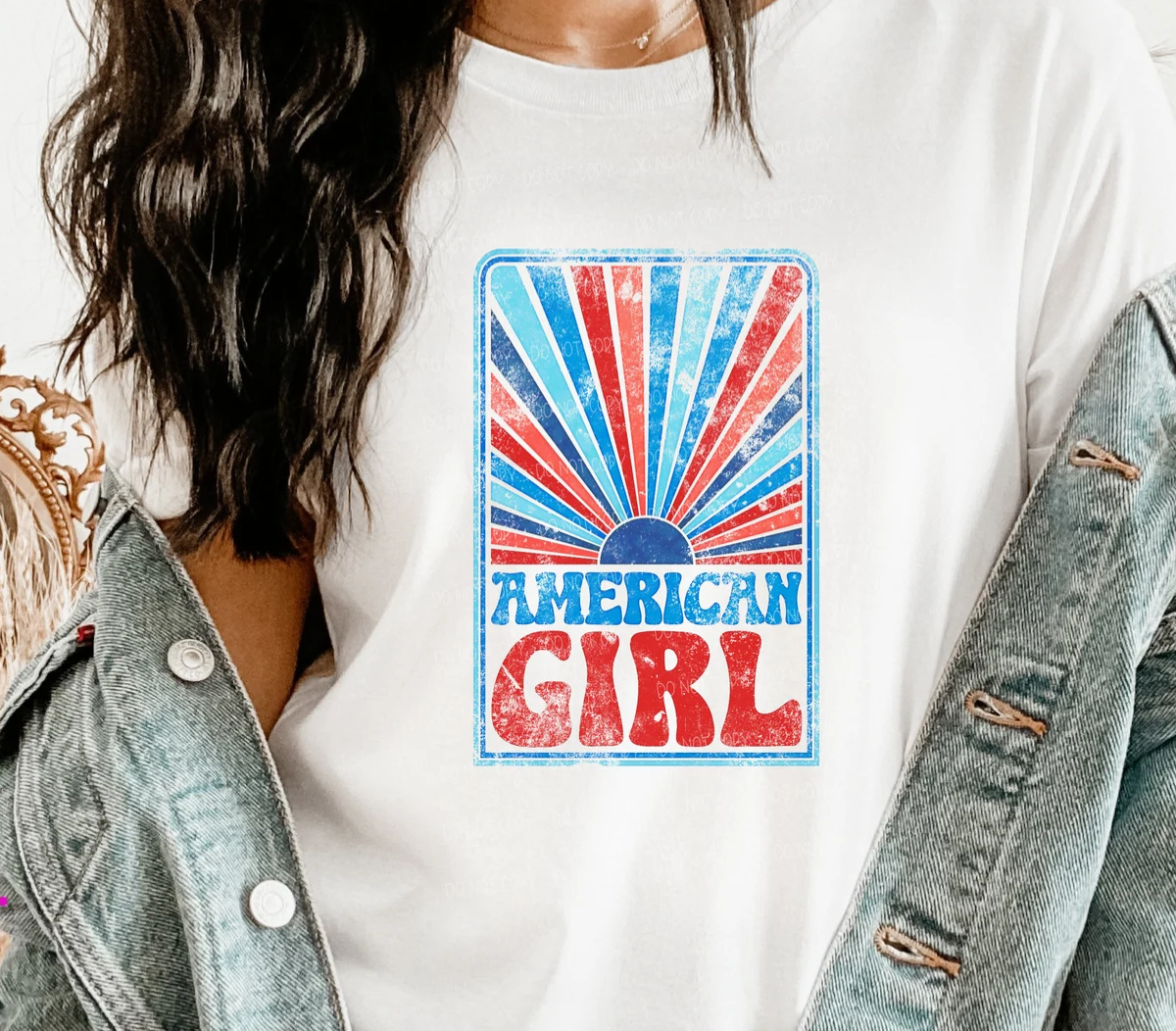 American Girl Watercolor Patriotic Sun T-Shirt or Crew Sweatshirt