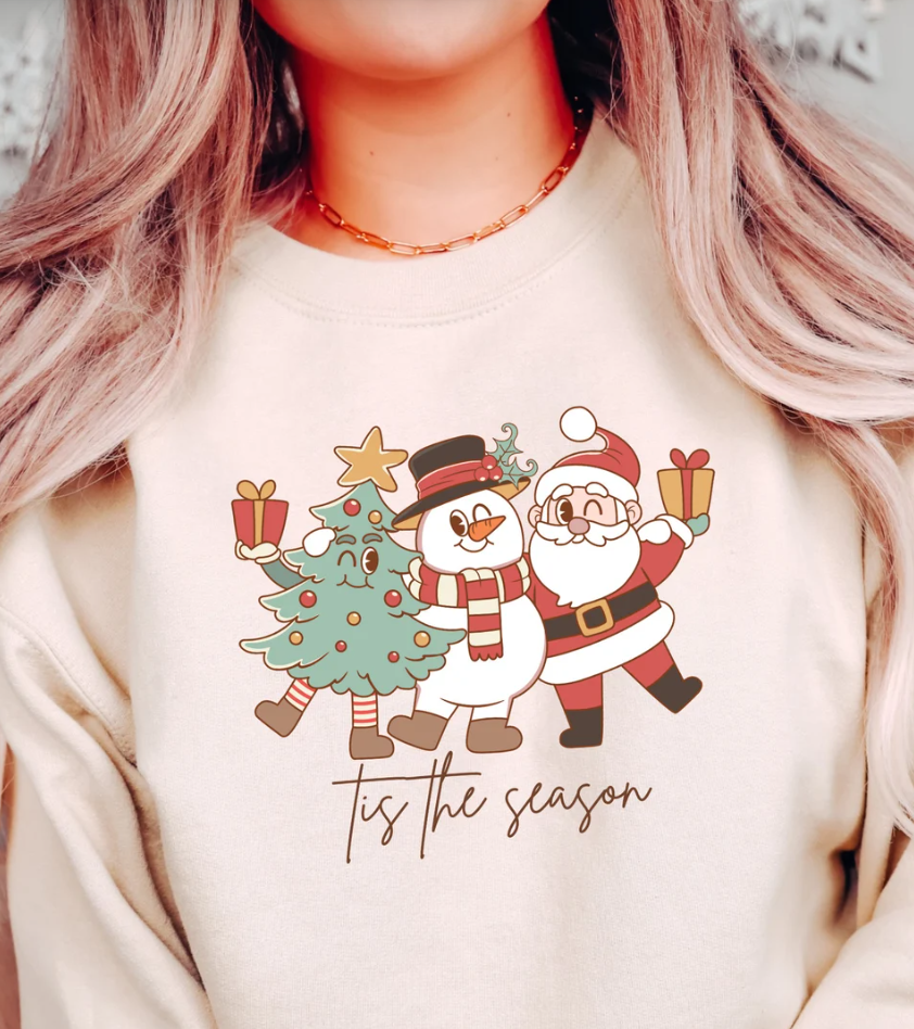 Tis The Season Cartoon Christmas Tree, Snowman & Santa T-Shirt or Crew Sweatshirt