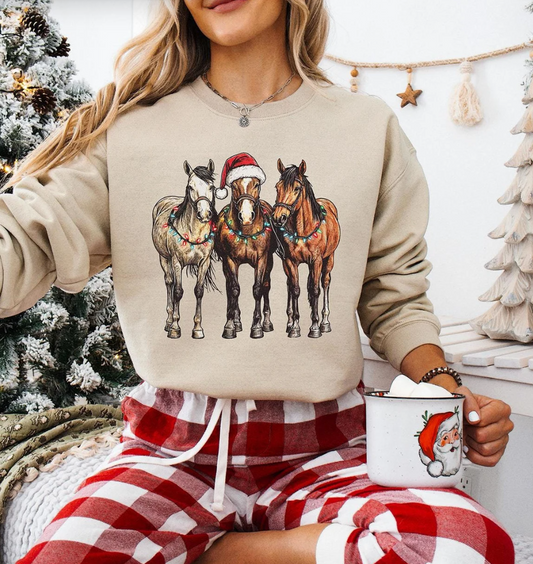 3 Horses With Christmas Lights T-Shirt or Crew Sweatshirt