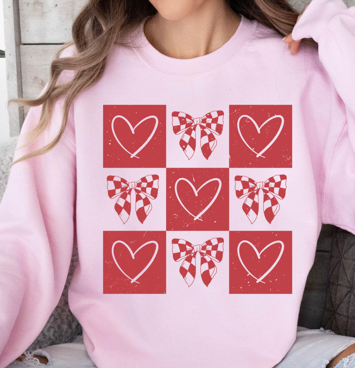 Hearts & Checkered Bows T-Shirt or Crew Sweatshirt