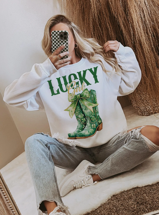 Lucky Girl Cowboy Boots T-Shirt or Crew Sweatshirt