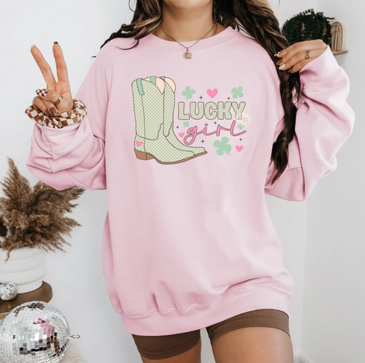 Lucky Girl With Cowboy Boots T-Shirt or Crew Sweatshirt