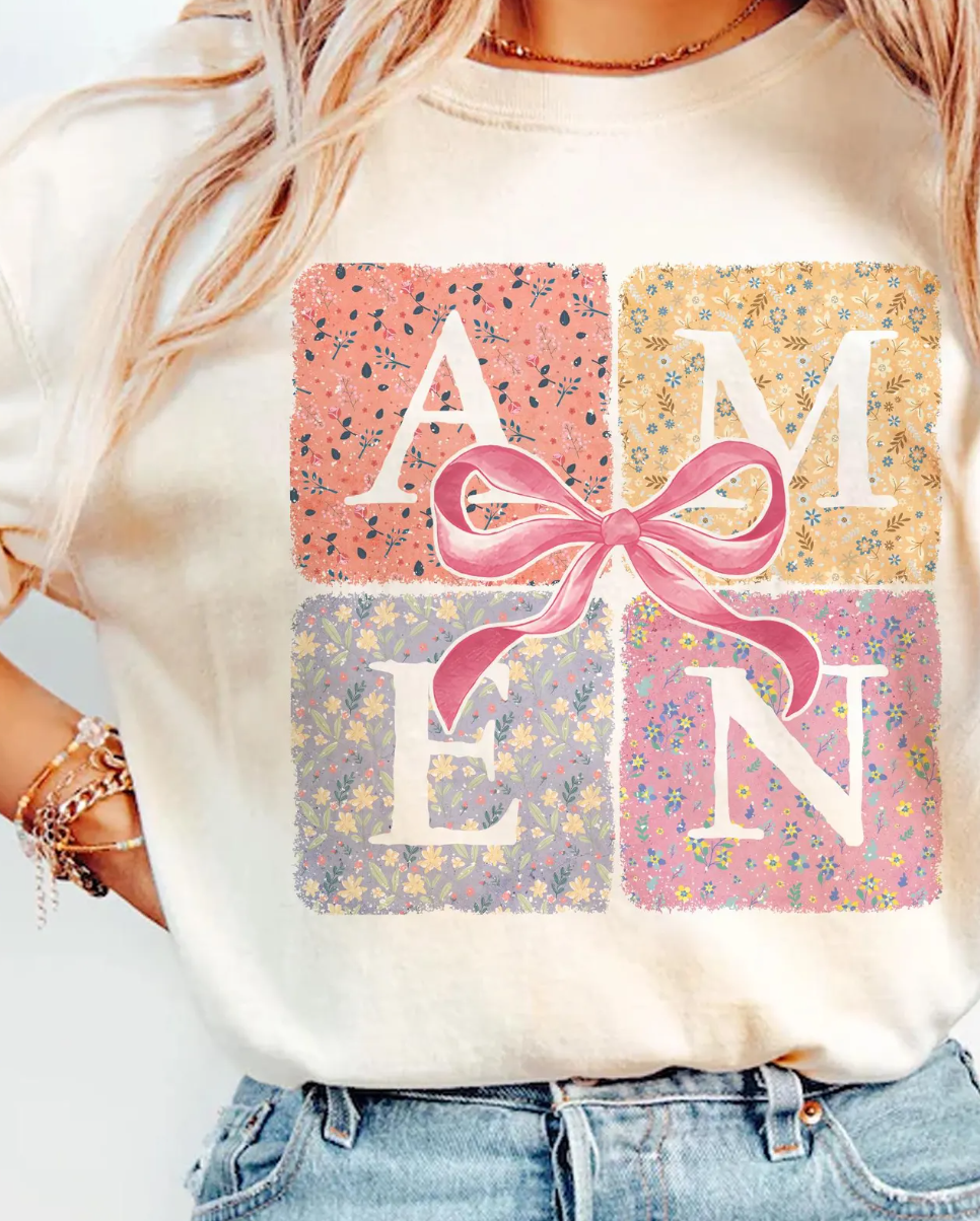 Amen With Bow & Floral Backgrounds T-Shirt or Crew Sweatshirt