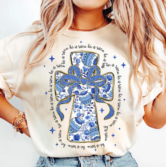 He Is Risen Cross With Bow T-Shirt or Crew Sweatshirt
