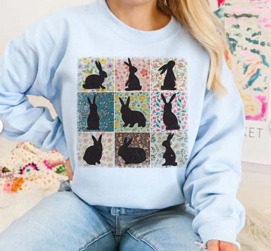 Bunny Silhouettes with Floral Backgrounds T-Shirt or Crew Sweatshirt