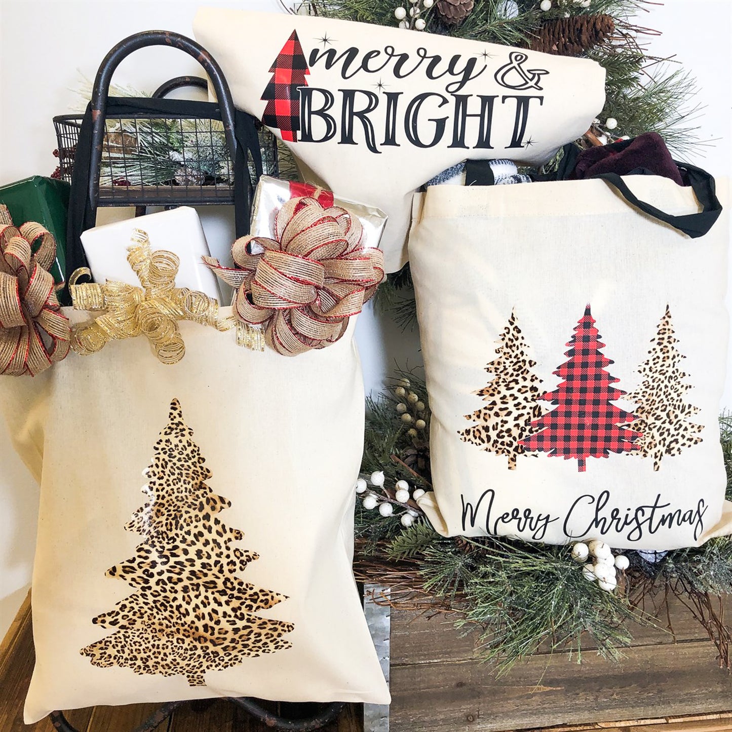 Merry Christmas With Buffalo Plaid & Cheetah Print Trees Tote Bag