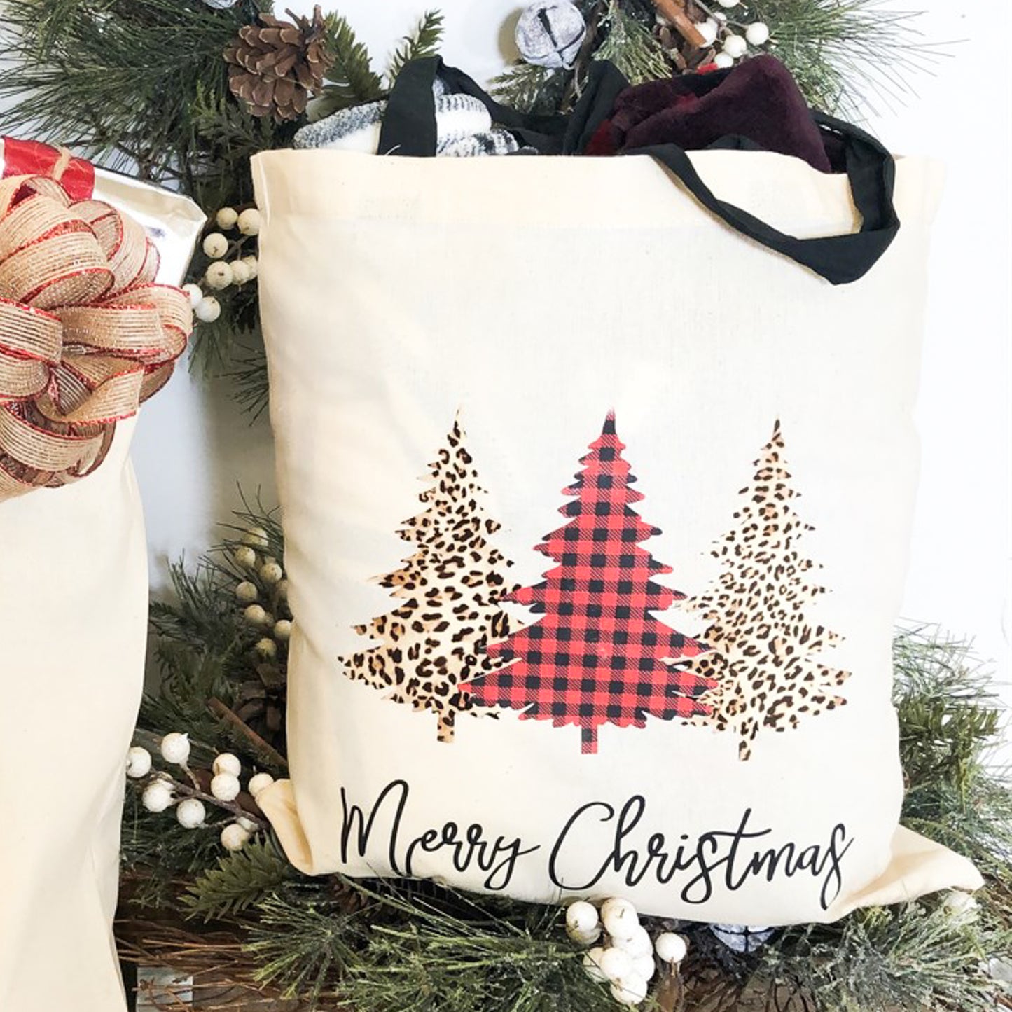 Merry Christmas With Buffalo Plaid & Cheetah Print Trees Tote Bag