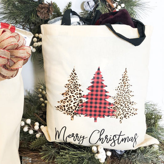 Merry Christmas With Buffalo Plaid & Cheetah Print Trees Tote Bag