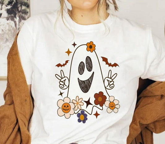 Ghost With Peace Signs & Flowers Tee