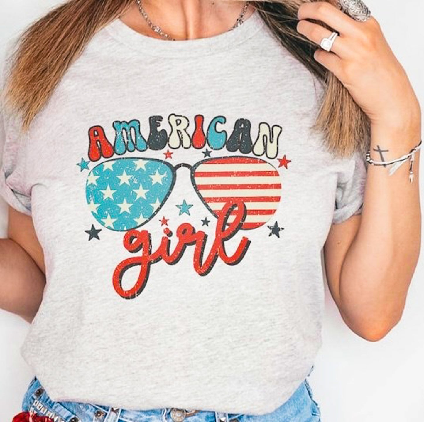 American Girl With Patriotic Sunglasses Tee