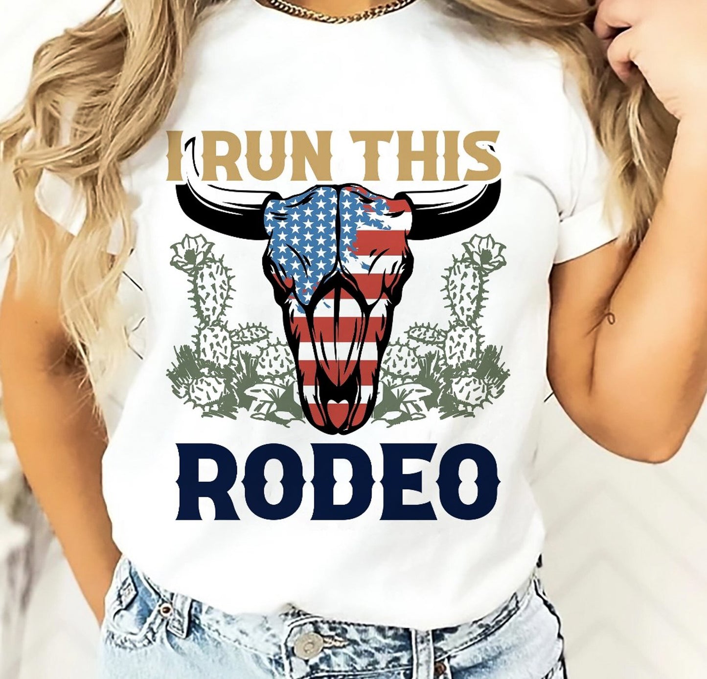 I Run This Rodeo Patriotic Skull T-Shirt or Crew Sweatshirt