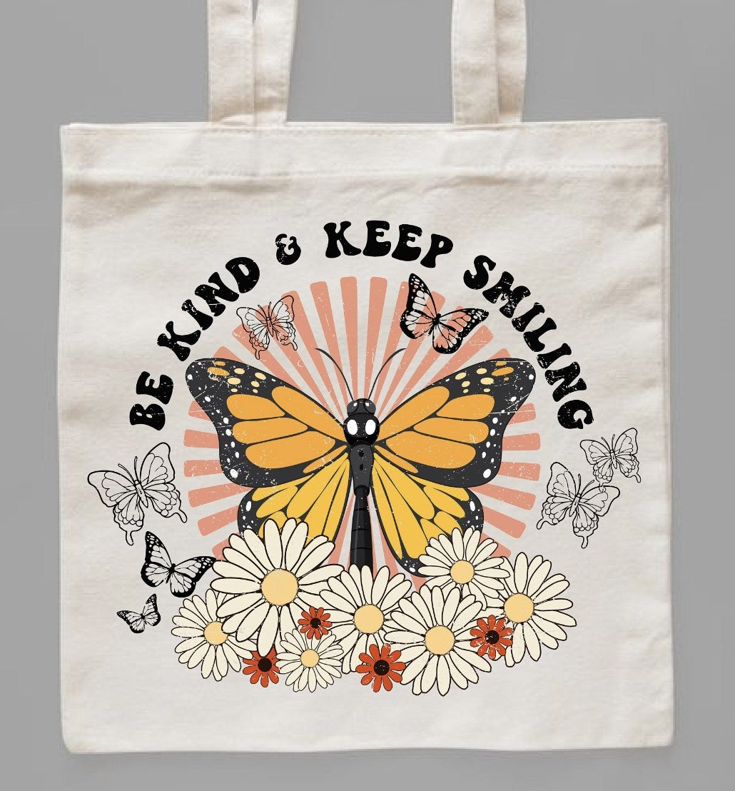 Be Kind & Keep Smiling Butterfly Canvas Bag