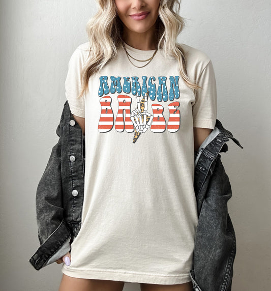 American Babe Skeleton Peace Sign With Lightning Bolt T-Shirt or Crew Sweatshirt