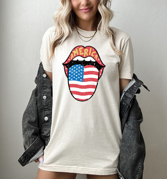 Distressed America Lips With USA Flag Tongue T-Shirt or Crew Sweatshirt