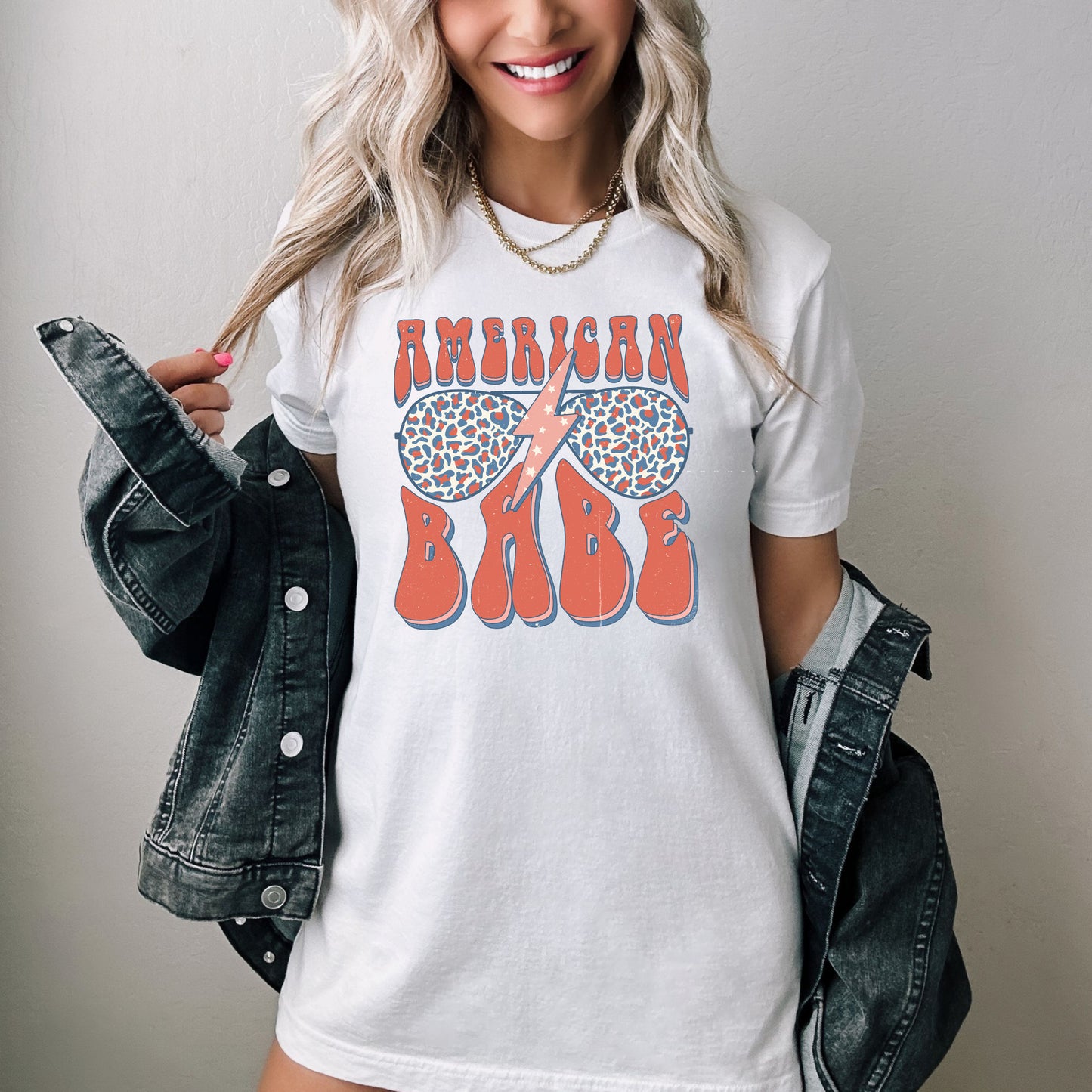 American Babe With Leopard Print Sunglasses & Lightning Bolt T-Shirt or Crew Sweatshirt