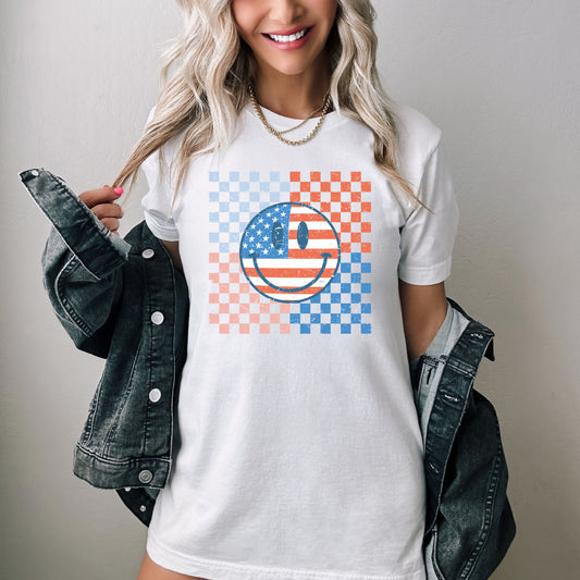 Patriotic Smiley With Red & Blue Checkered T-Shirt or Crew Sweatshirt