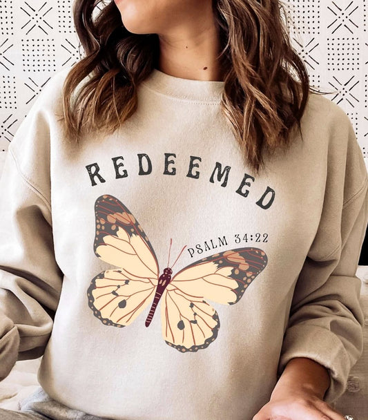 Redeemed Psalm 34:22 Butterfly Crew Sweatshirt