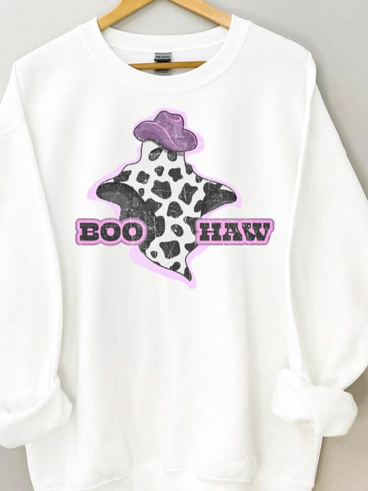 Boo Haw Cow Print Cowgirl Ghost Crew Sweatshirt