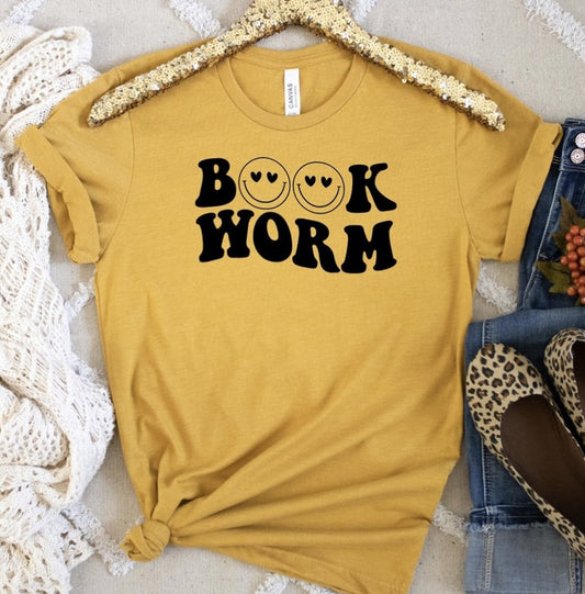 Book Worm With Smiley Faces Tee
