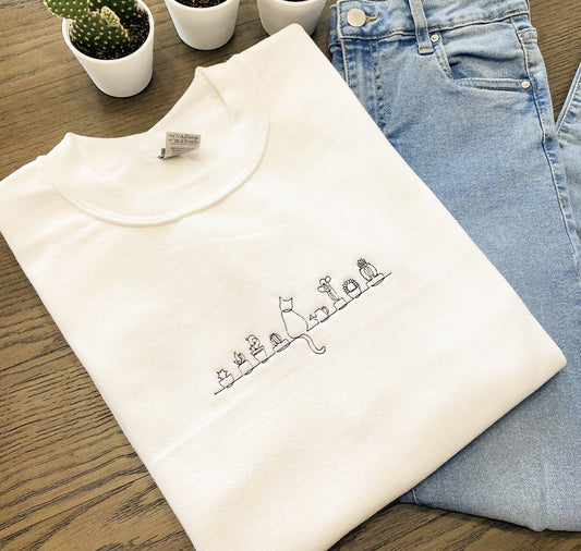 Cat & Plants Embroidered Crew Sweatshirt