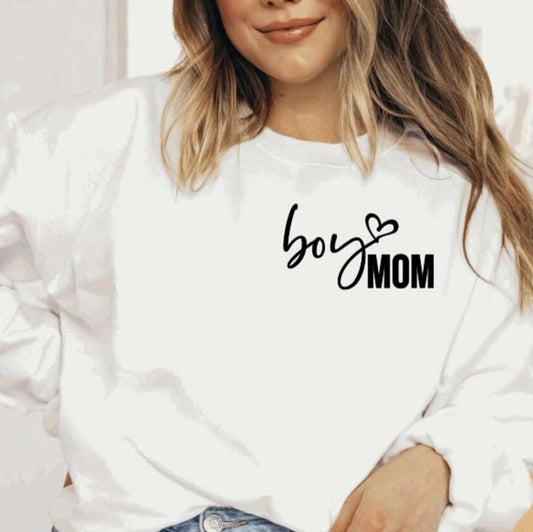 Boy Mom With Heart Pocket Logo T-Shirt or Crew Sweatshirt
