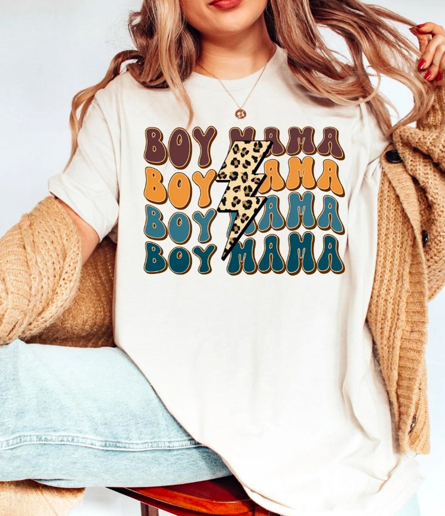 Boy Mama (Stacked) With Leopard Print Lightning Bolt T-Shirt or Crew Sweatshirt