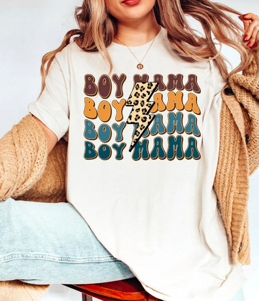 Boy Mama (Stacked) With Leopard Print Lightning Bolt T-Shirt or Crew Sweatshirt