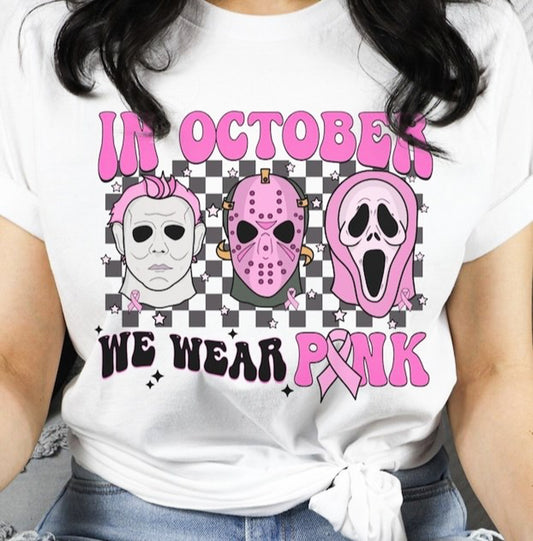 In October We Wear Pink 3 Horror Movie Villains Tee