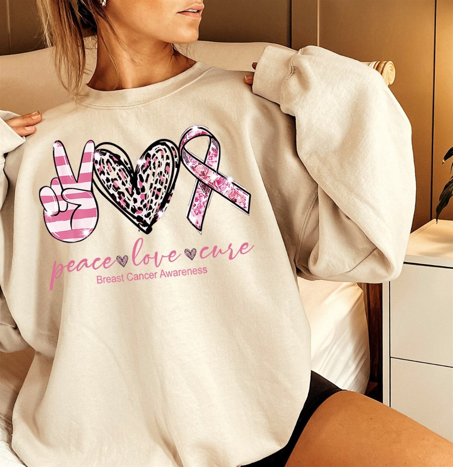 Peace Love Cure Breast Cancer Awareness Crew Sweatshirt