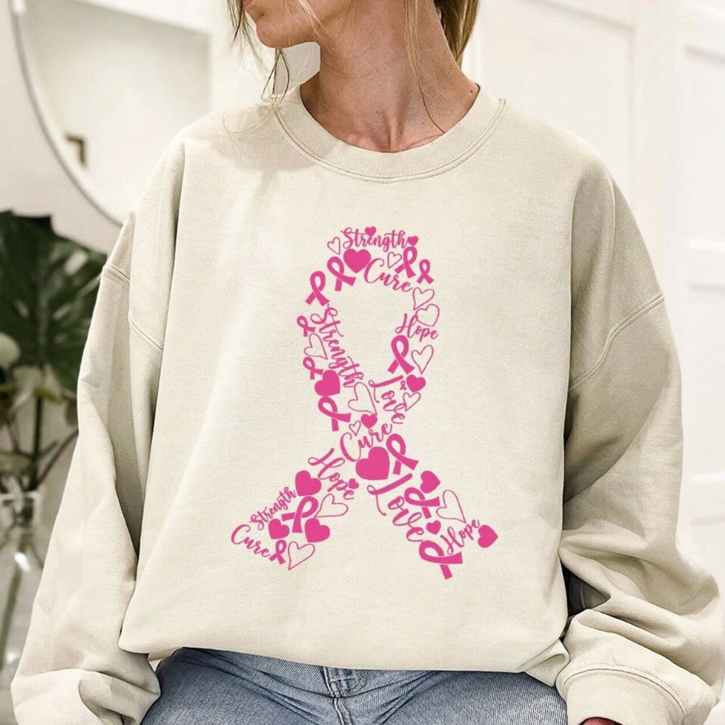 Breast Cancer Ribbon Collage Crew Sweatshirt