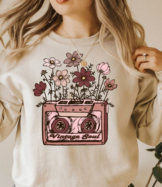 Vintage Soul Pink Cassette With Flowers Crew Sweatshirt