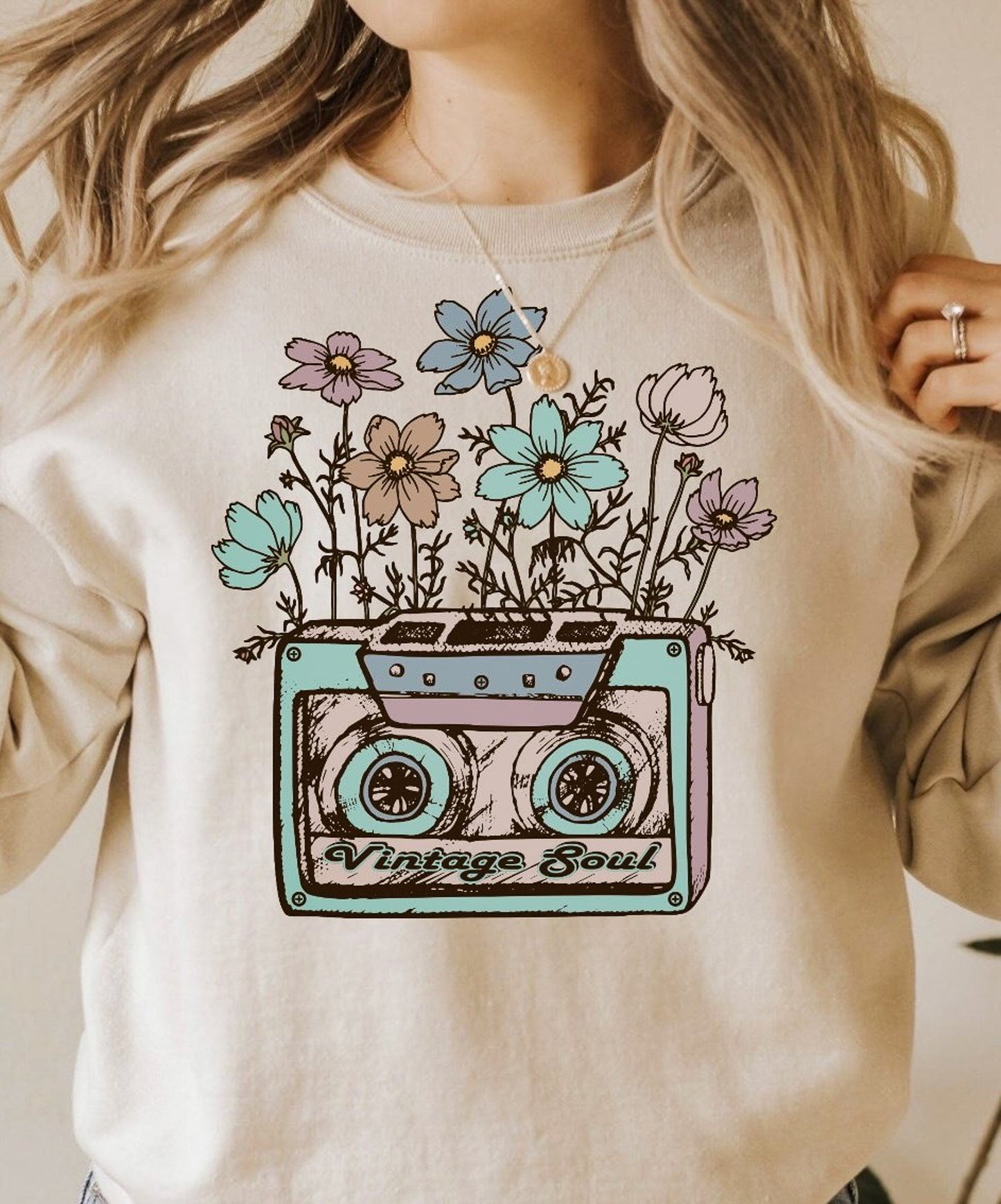 Vintage Soul Blue Cassette With Flowers Crew Sweatshirt