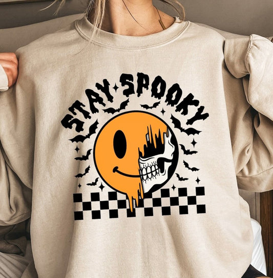 Stay Spooky Orange Smiley/Skeleton Face Crew Sweatshirt